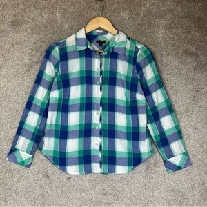 Talbots Shirt Womens Small Petite Blue Green Plaid Cotton Button Ruffle- 3993